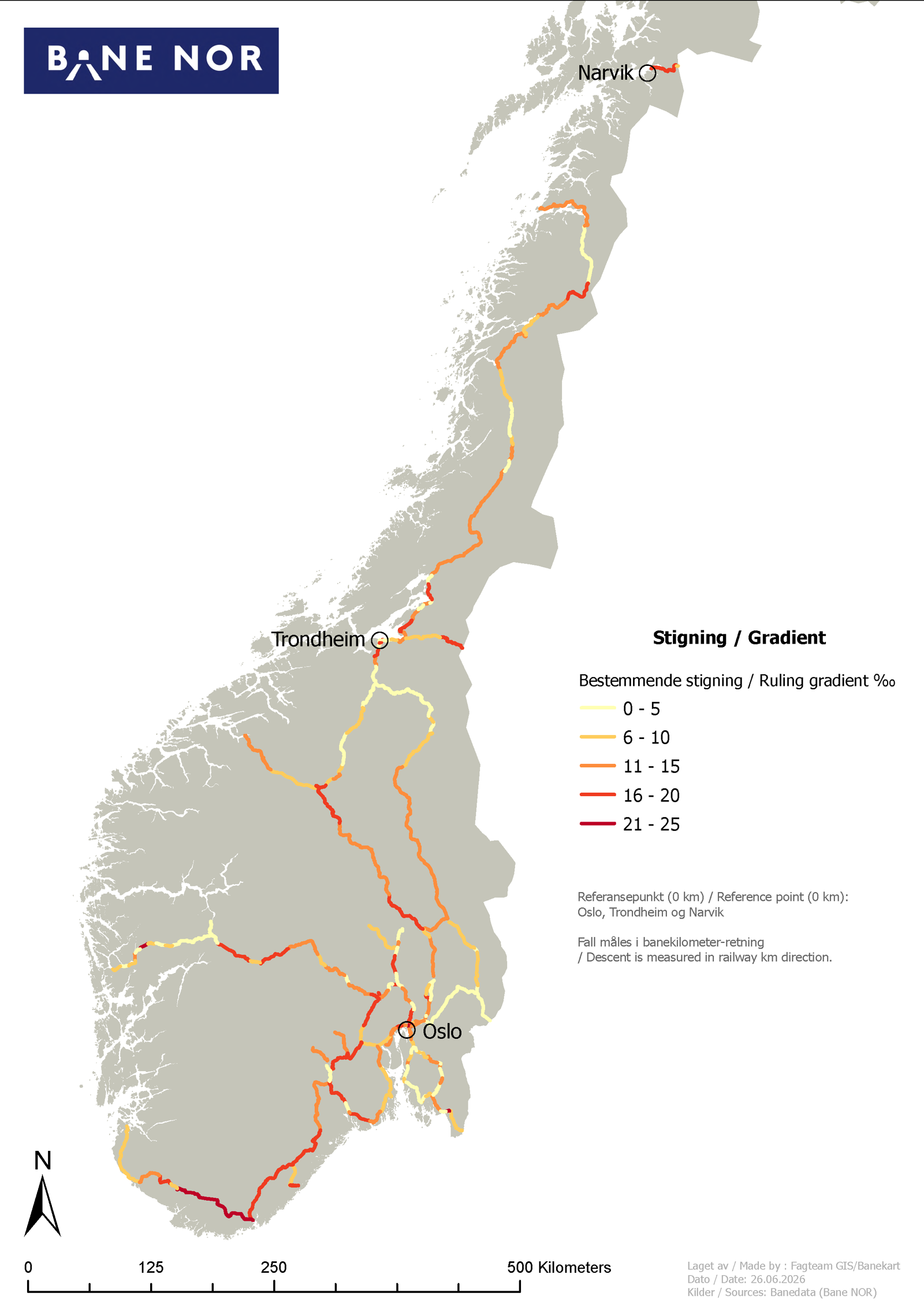 Kart over linjestigninger på jernbanenettet.