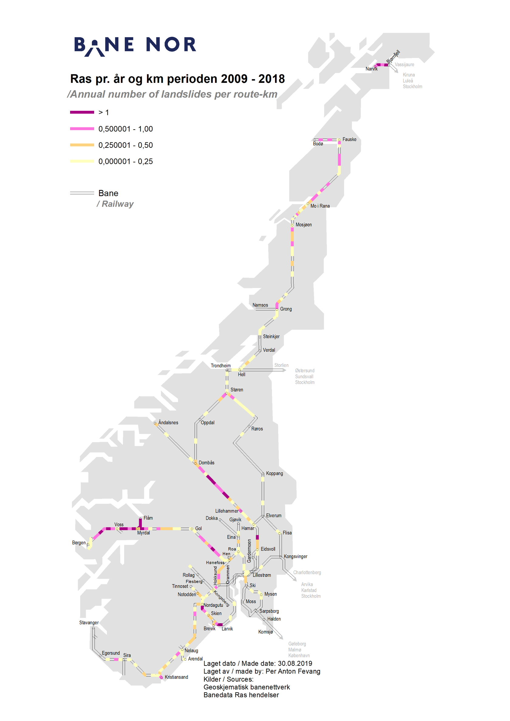 Kart over ras per år og kilometer i perioden 2009–2018.