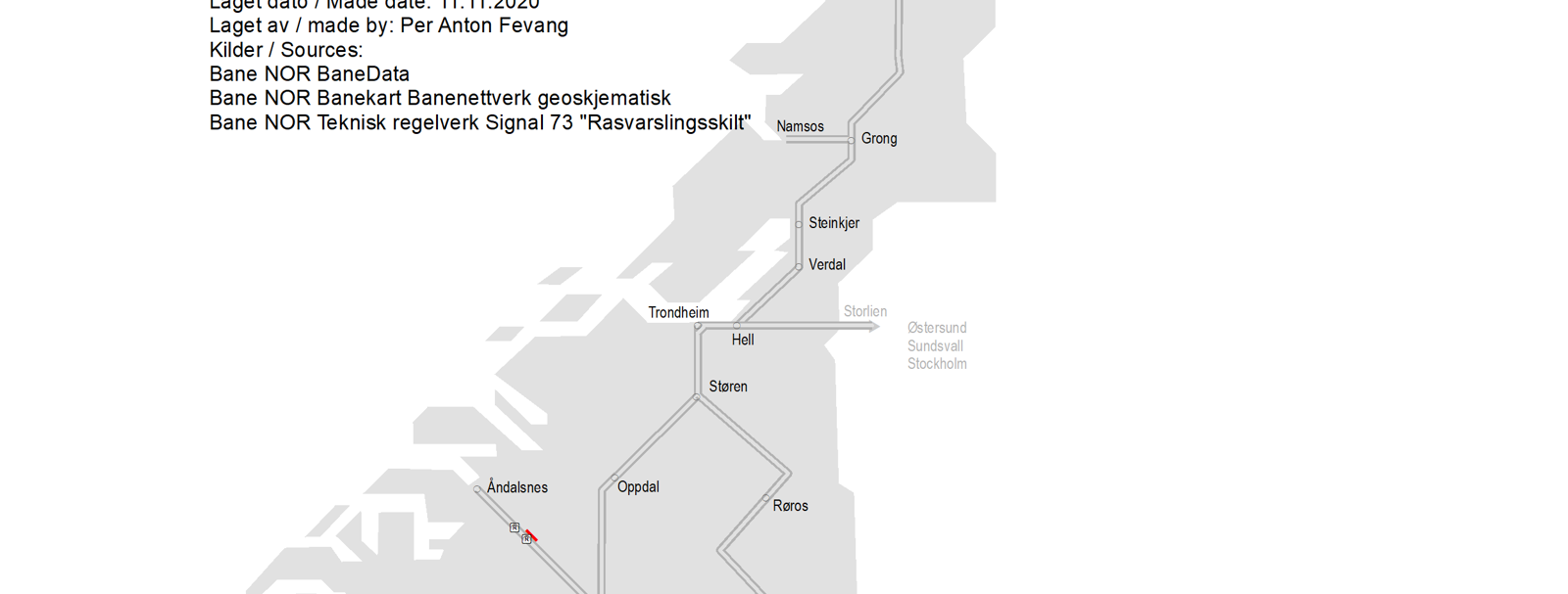 Map of avalance warning facilities on the Norwegian railway network.