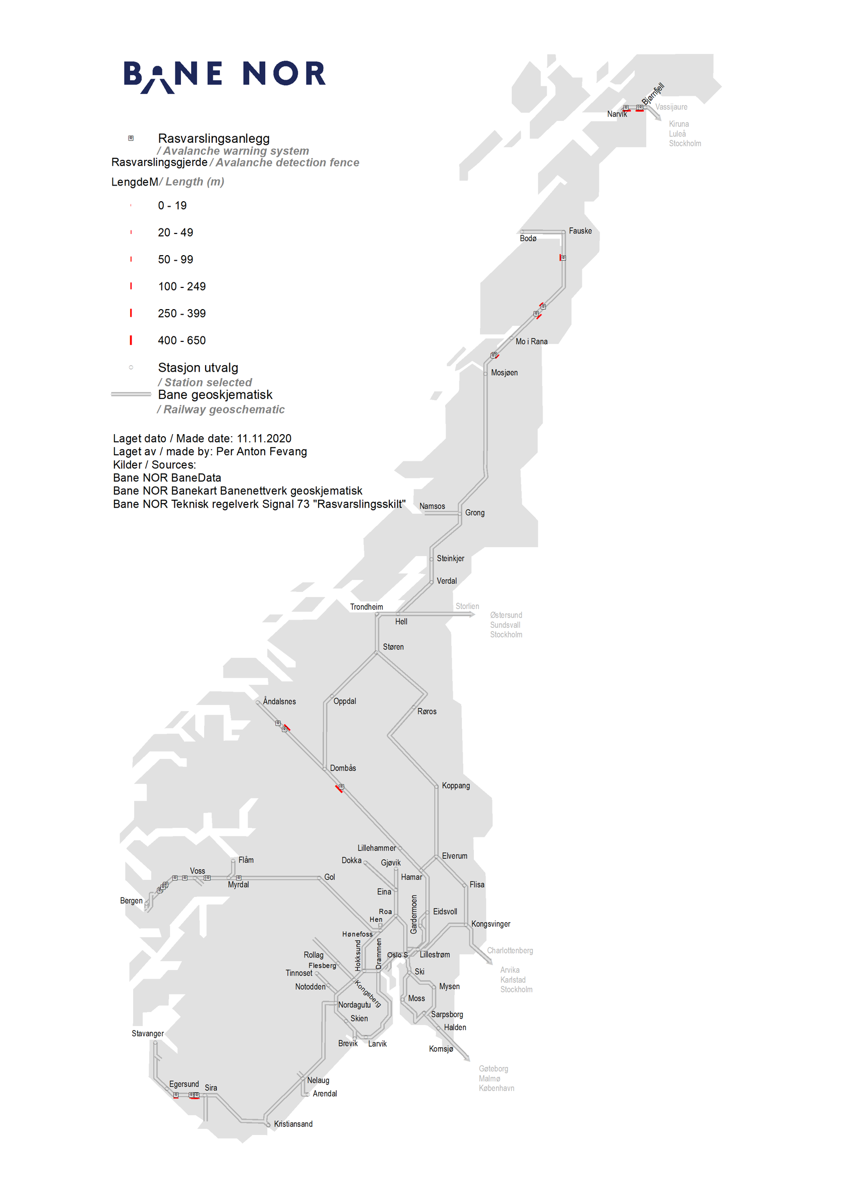 Map of avalance warning facilities on the Norwegian railway network.