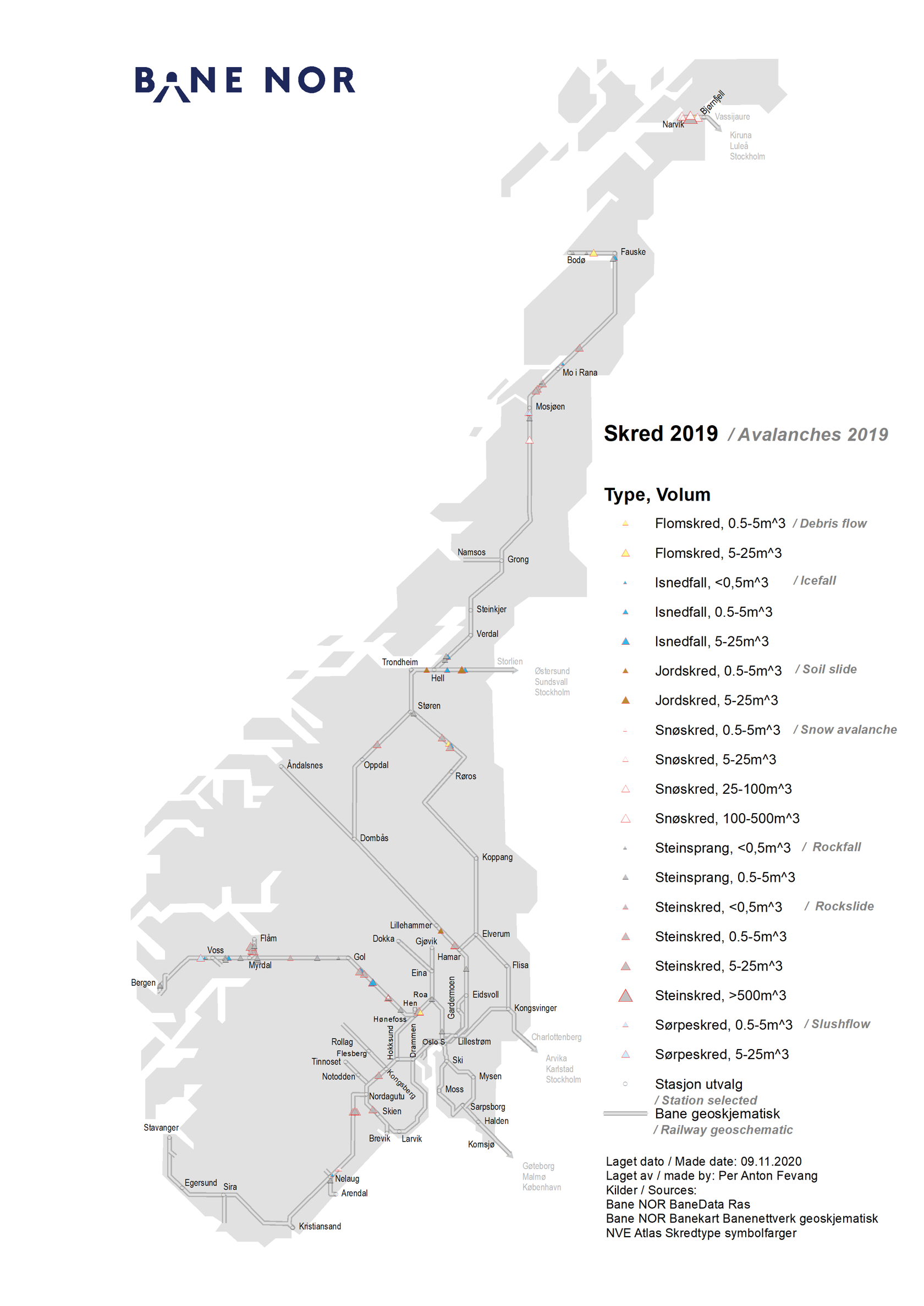 Kart over skred på norske jernbanestrekninger i 2019.