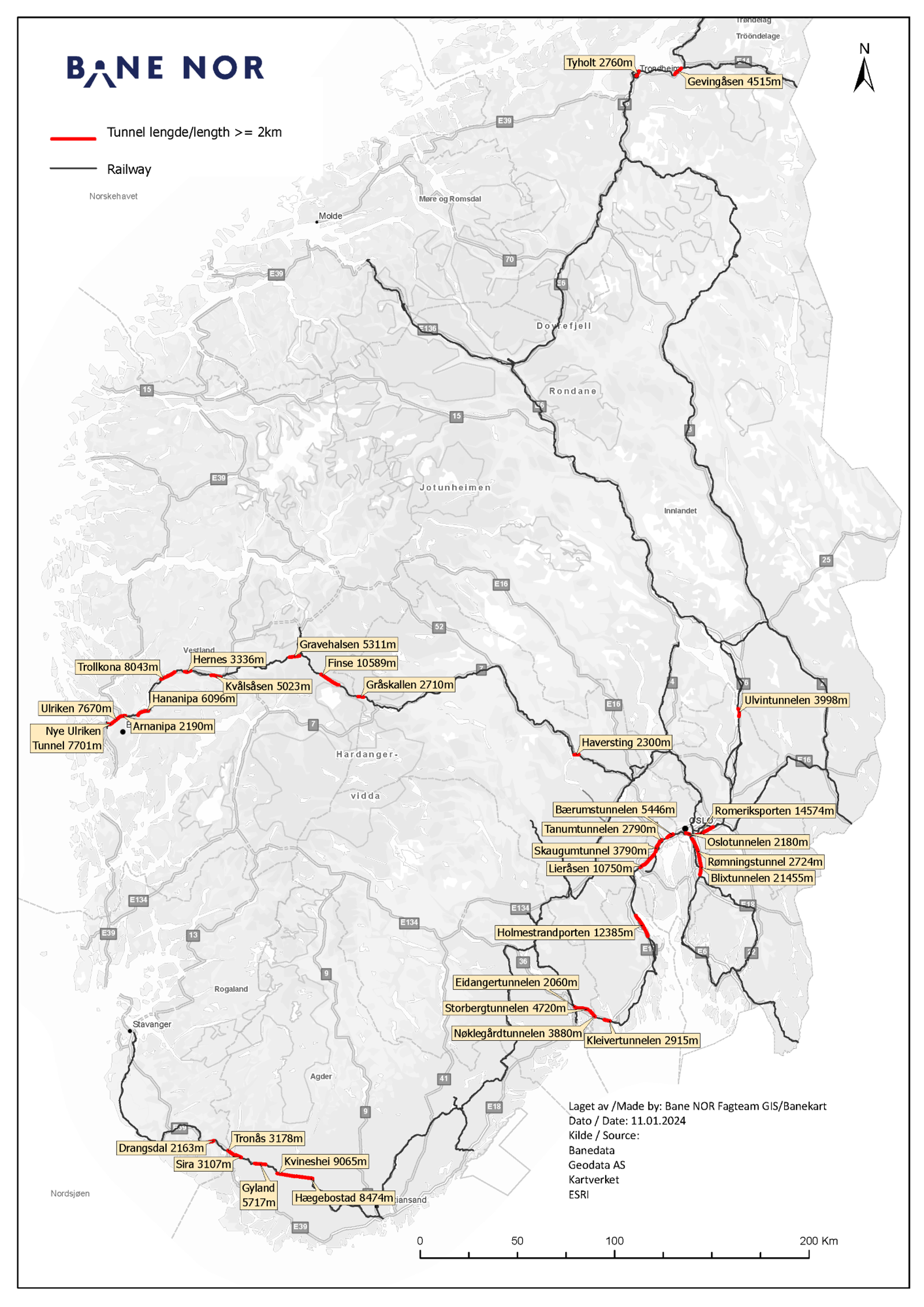 Oversikt over tunneler i sør.