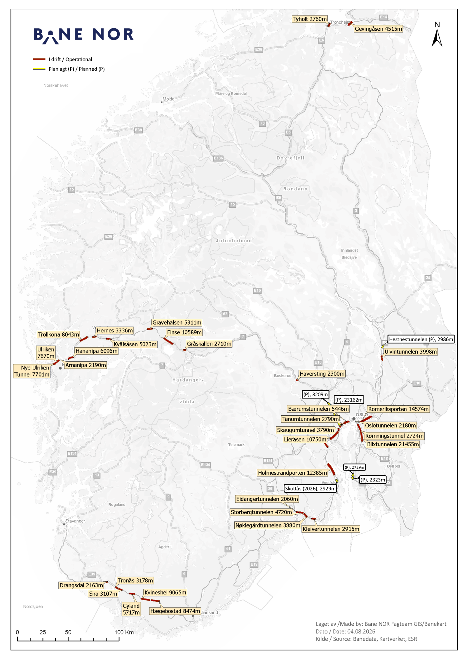 Oversikt over tunneler i sør.